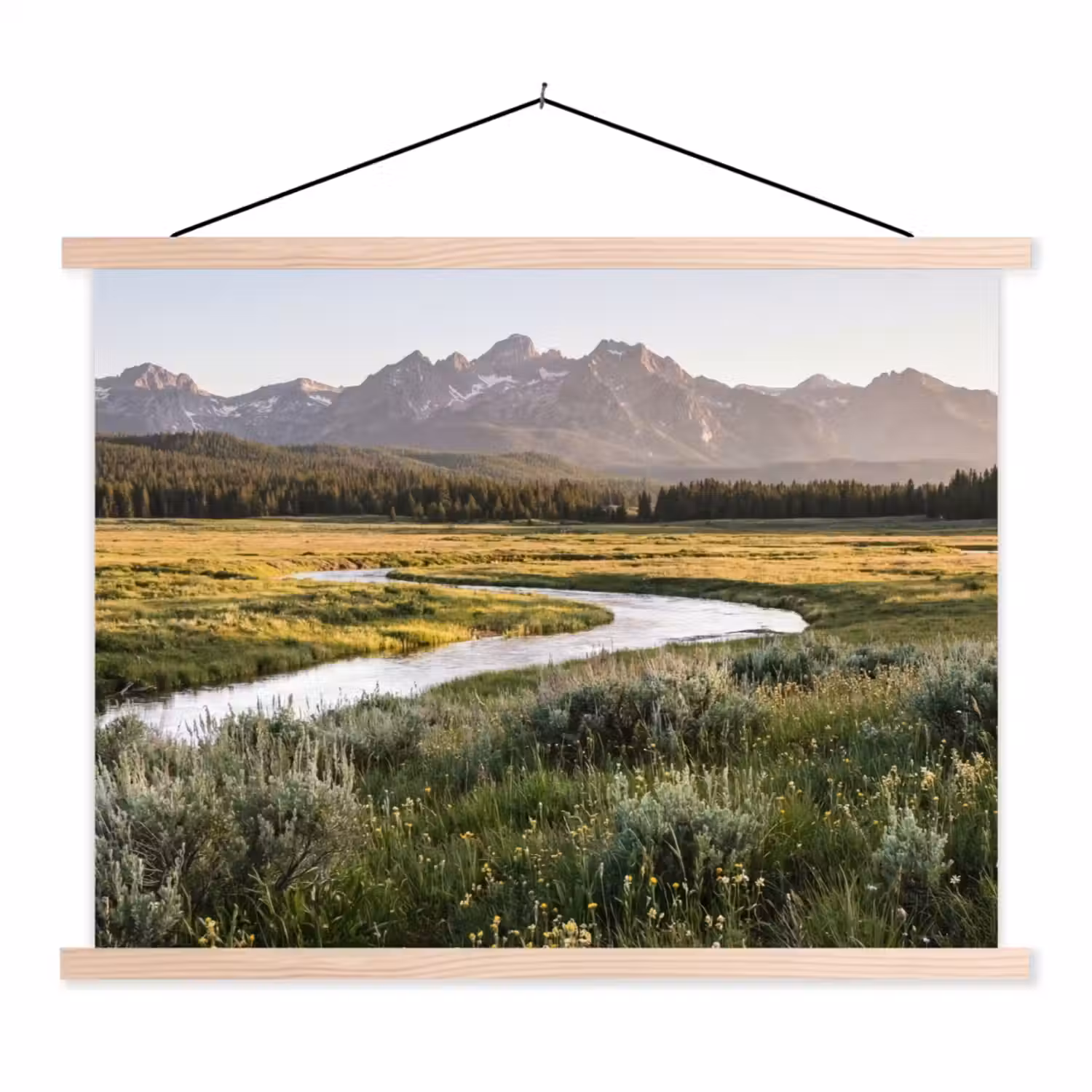 Berglandschap - Rivier - Bos textielposter latten blank klein -3d