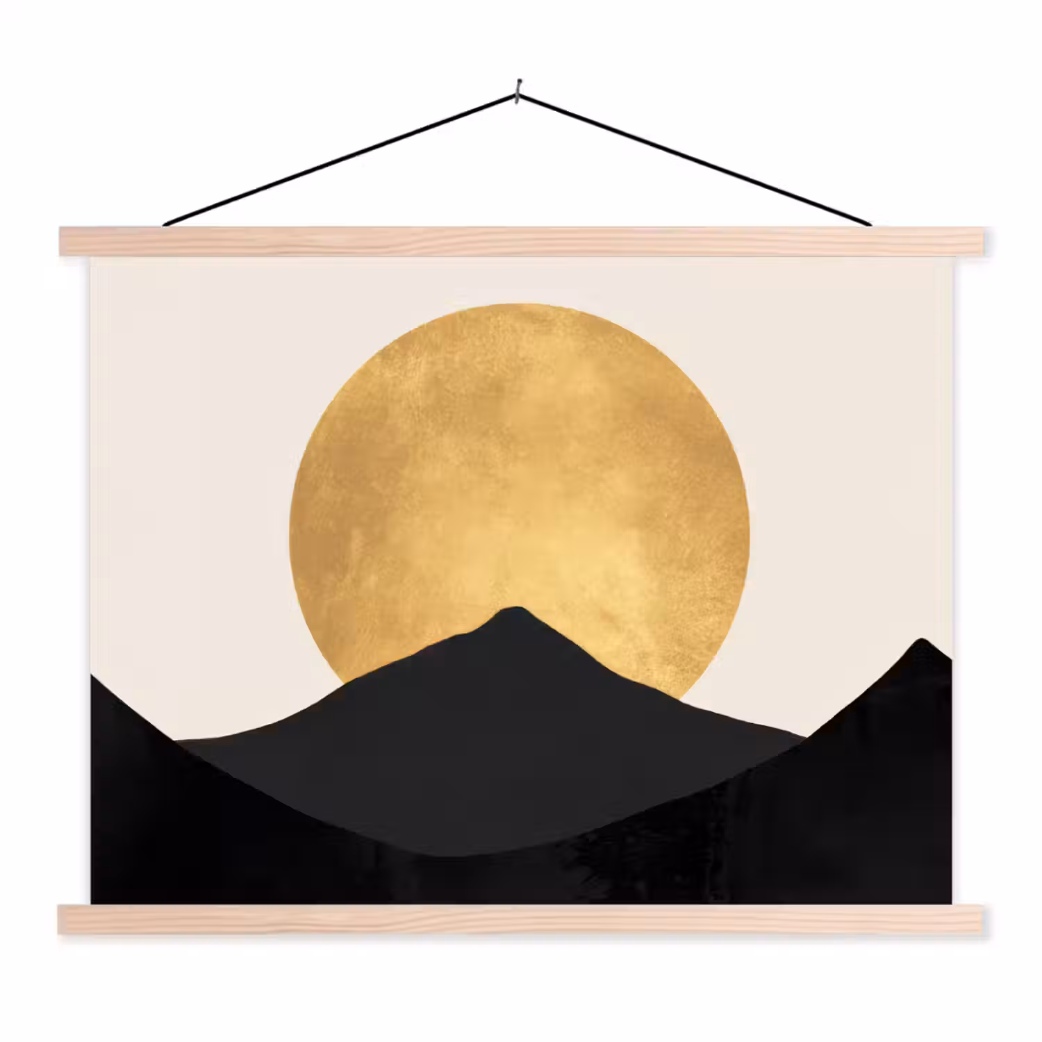 Bergsilhouetten - Gouden cirkel - Beige textielposter latten blank klein -3d