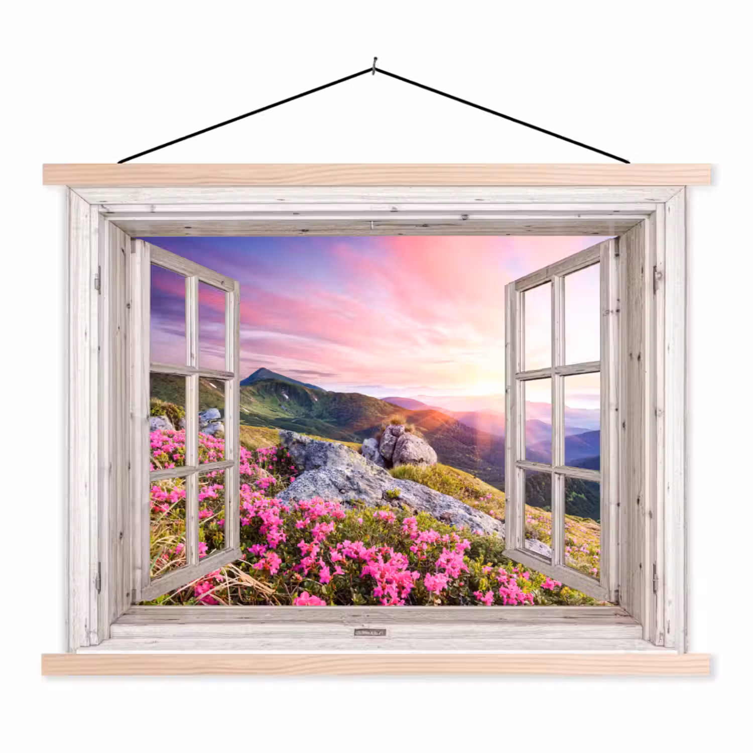 Bergen - Landschap - Doorkijk - Bloemen - Avond - Roze textielposter latten blank klein -3d