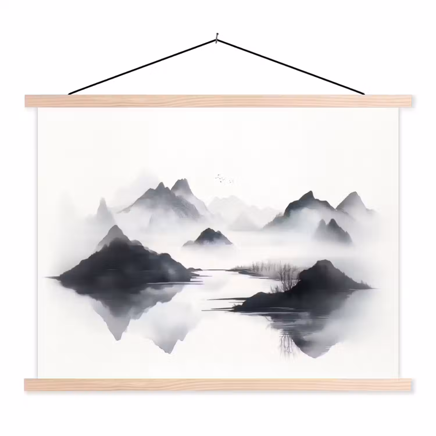 Bergen - Mistig - Water - Wit textielposter latten blank klein -3d