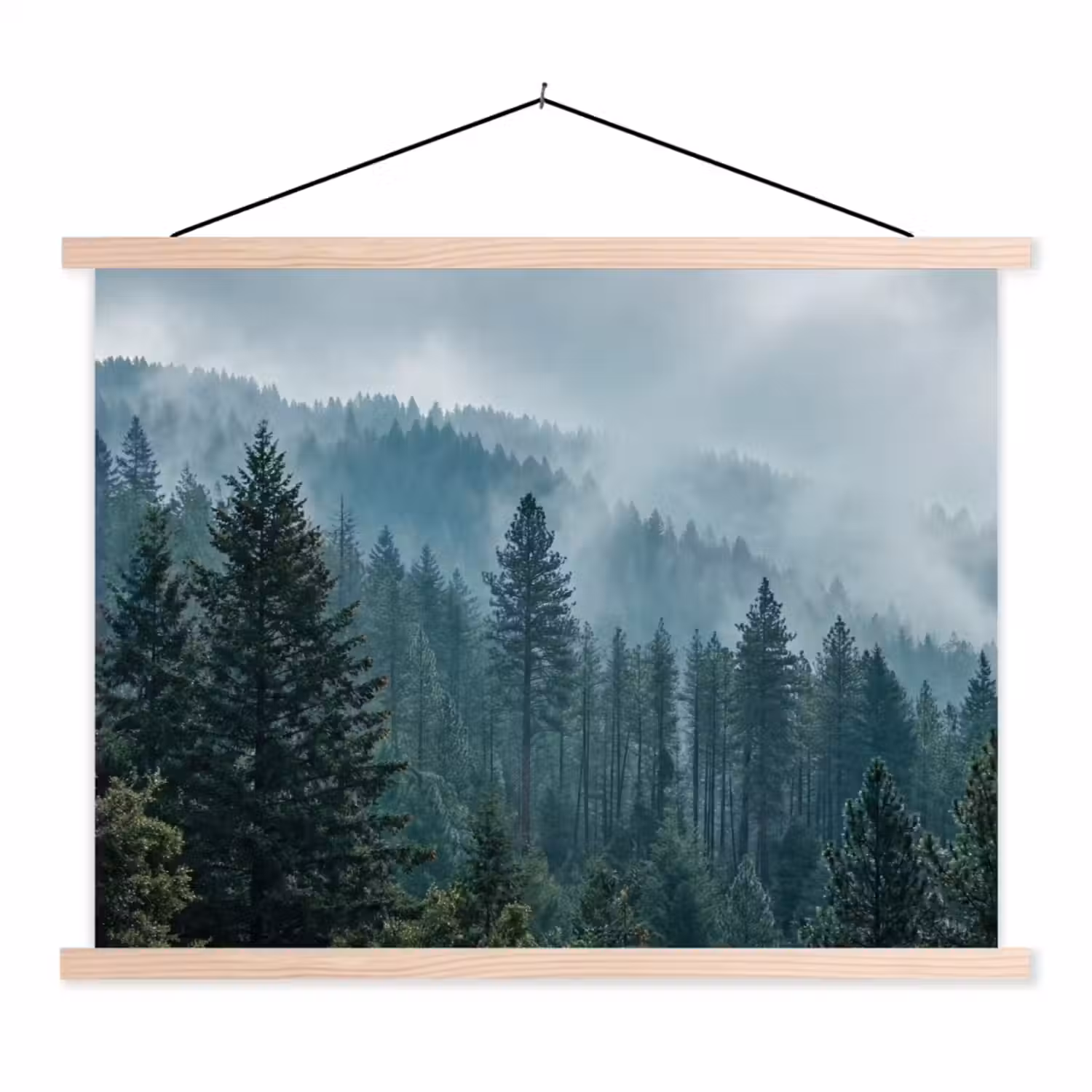 Naaldwoud - Bergen - Mist textielposter latten blank klein -3d