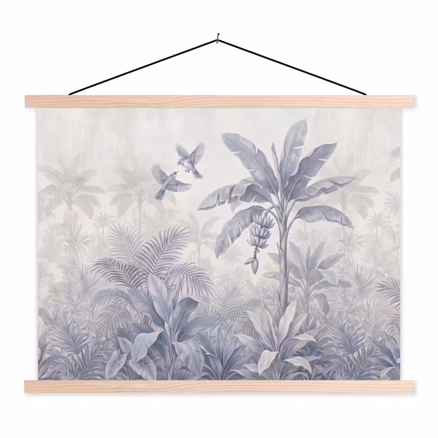Natuur - Vogel - Jungle - Illustratie - Blauw textielposter latten blank klein -3d