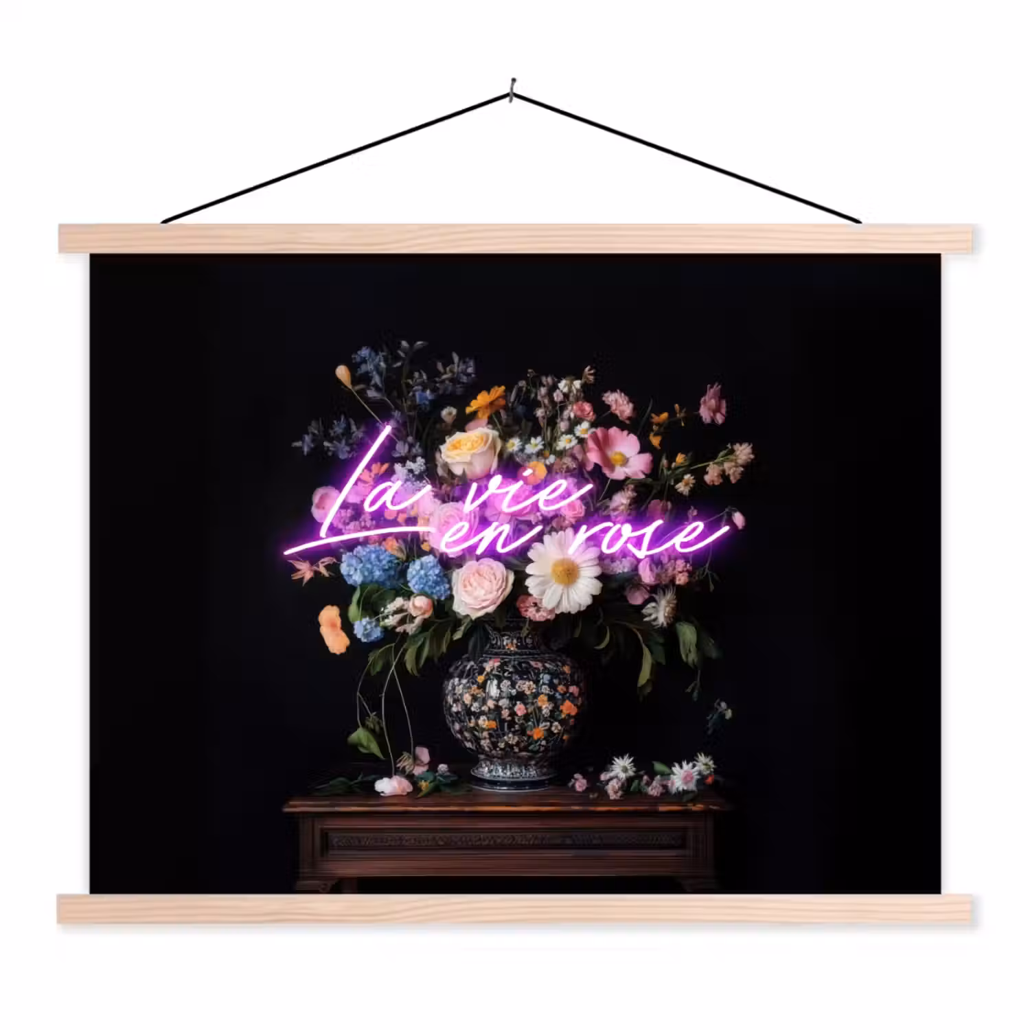 Neon - Vaas - Bloemen textielposter latten blank klein -3d
