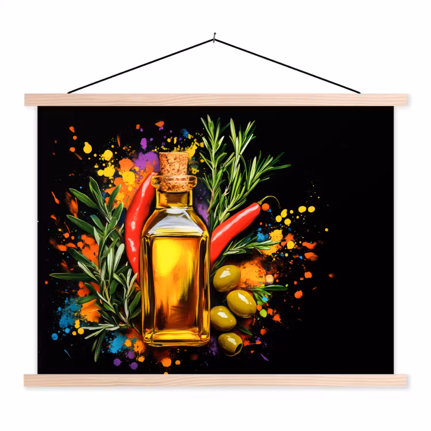 Olijfolie - Graffiti - Peper - Olijven - Modern textielposter latten blank klein -3d