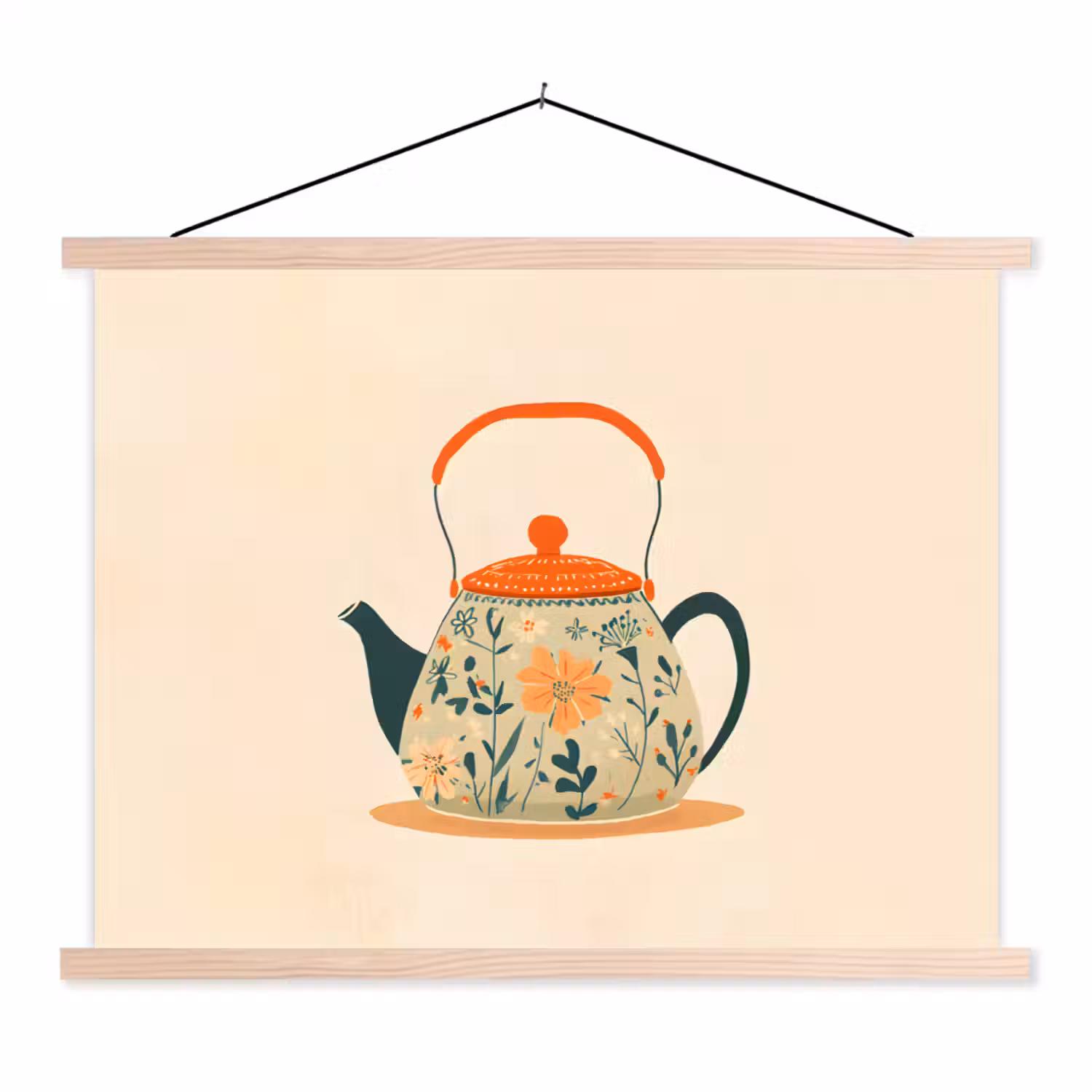 Oranje - Theepot - Bloemen - Bladeren textielposter latten blank klein -3d