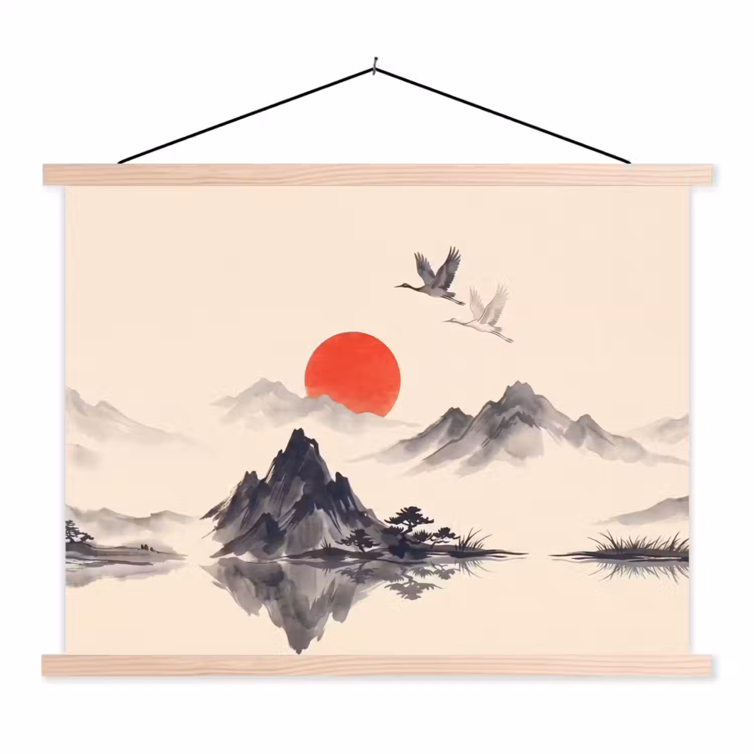 Oosters - Kraanvogels - Landschap textielposter latten blank klein -3d