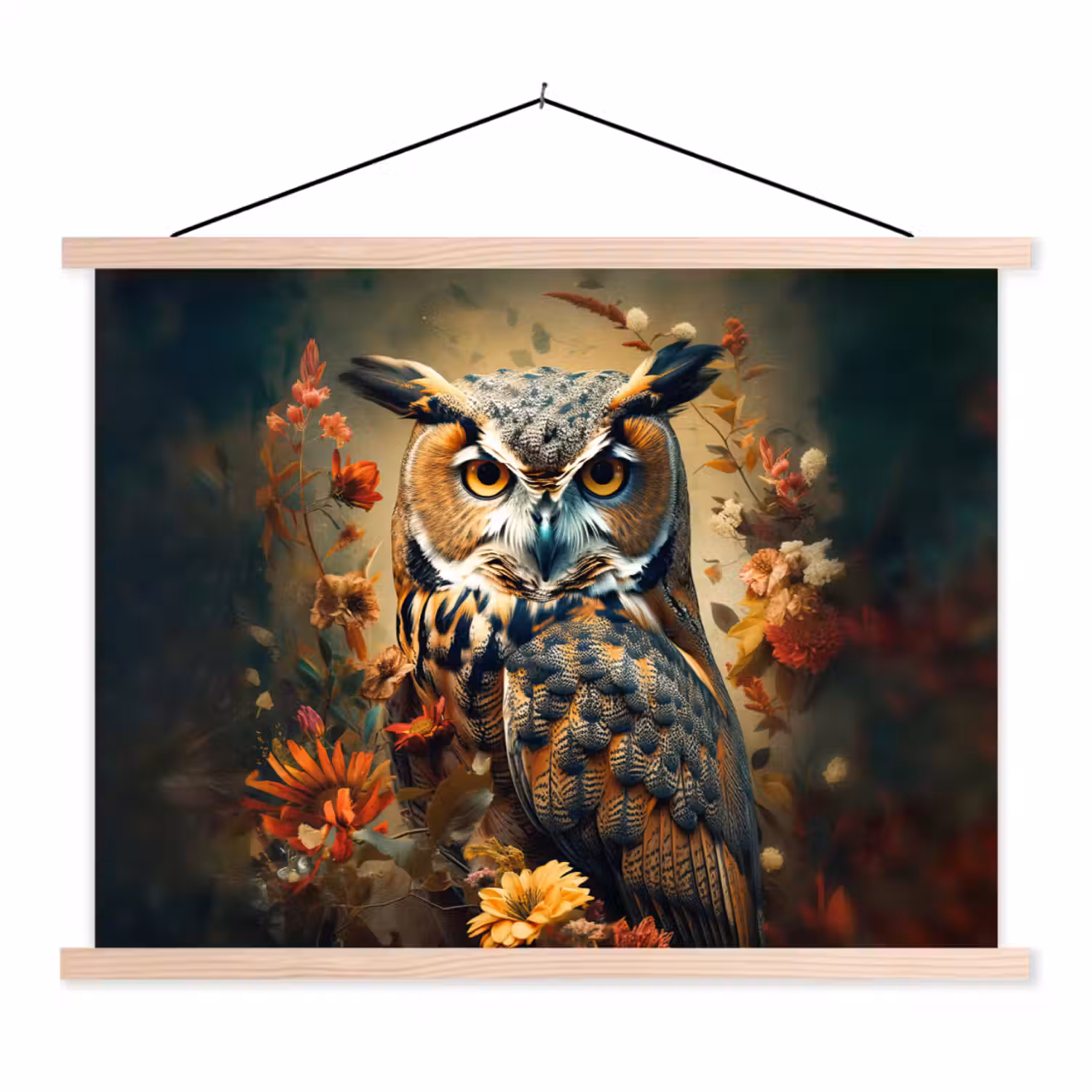 Uil - Vogel - Bloemen - Planten - Botanisch textielposter latten blank klein -3d