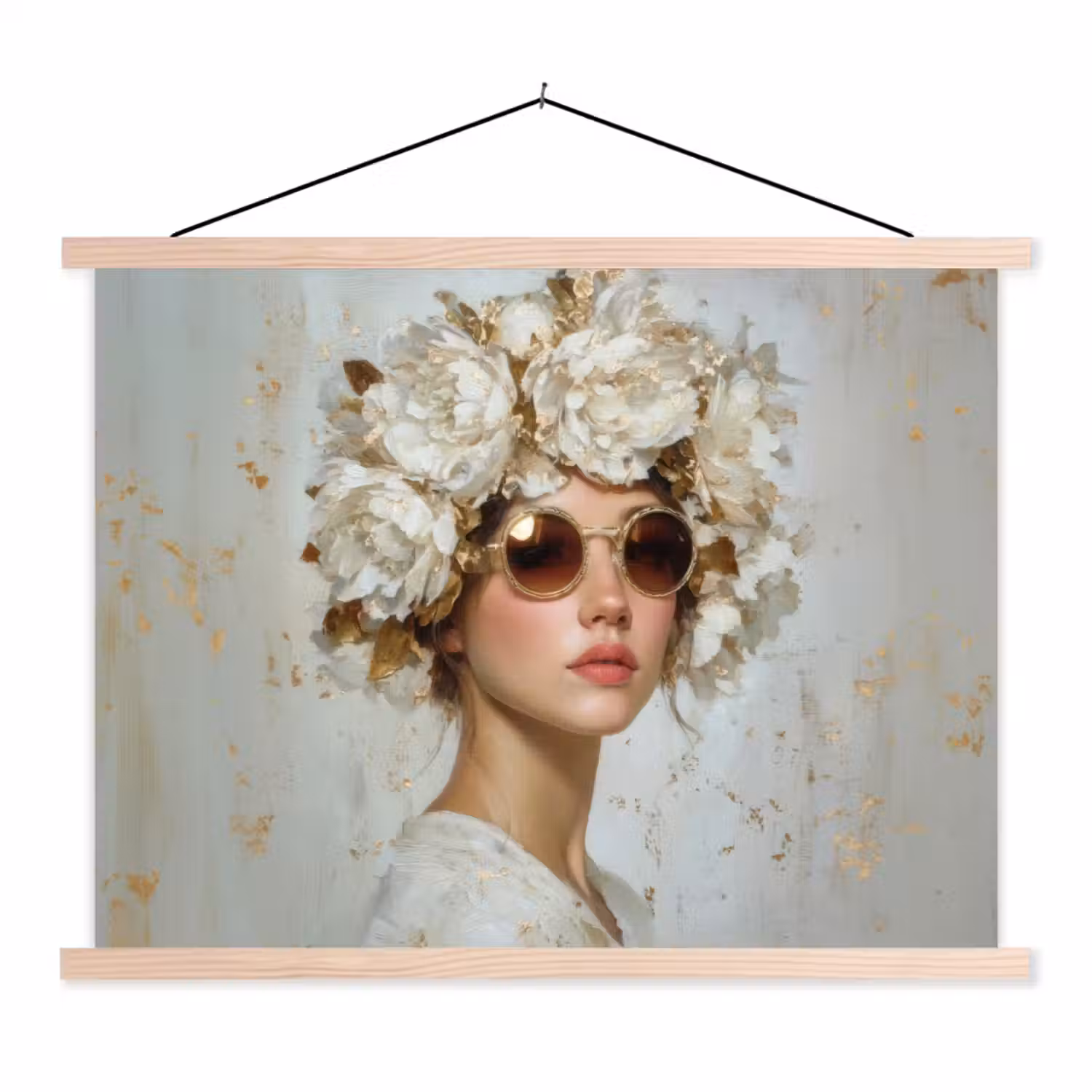 Schilderij - Vrouw - Zonnebril - Bloemenkrans textielposter latten blank klein -3d