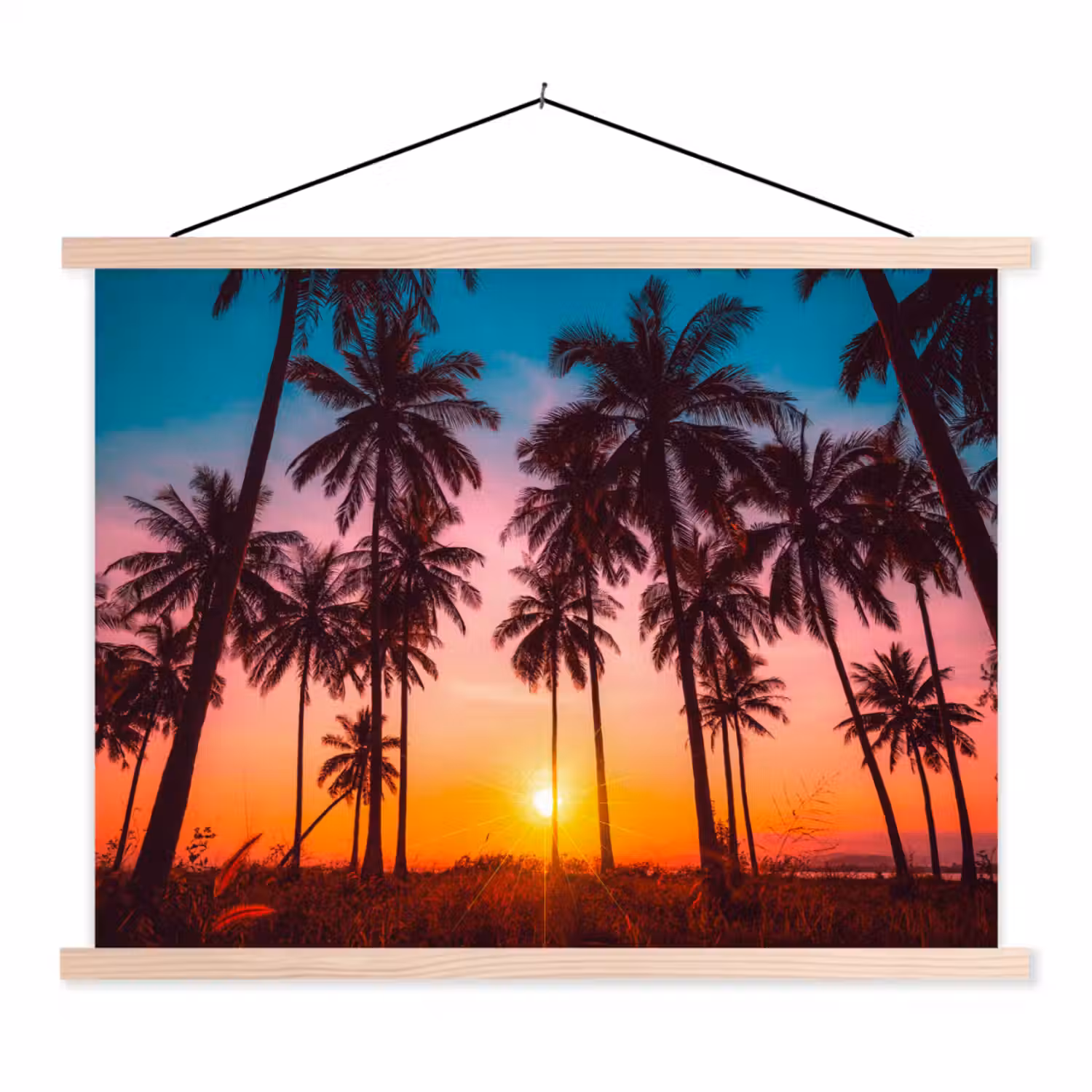 Palmboom - Zonsondergang - Horizon - Strand - Oranje - Roze textielposter latten blank klein -3d