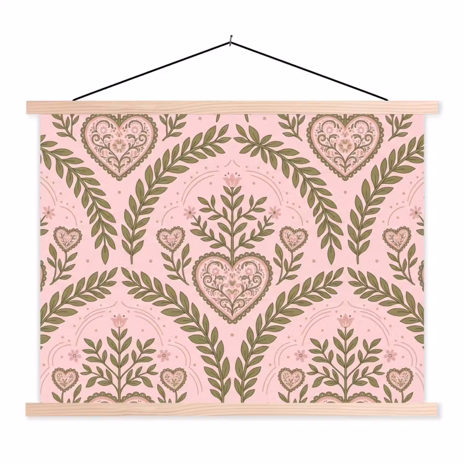 Patroon - Hart - Bloemen - Folkloristisch - Roze textielposter latten blank klein -3d