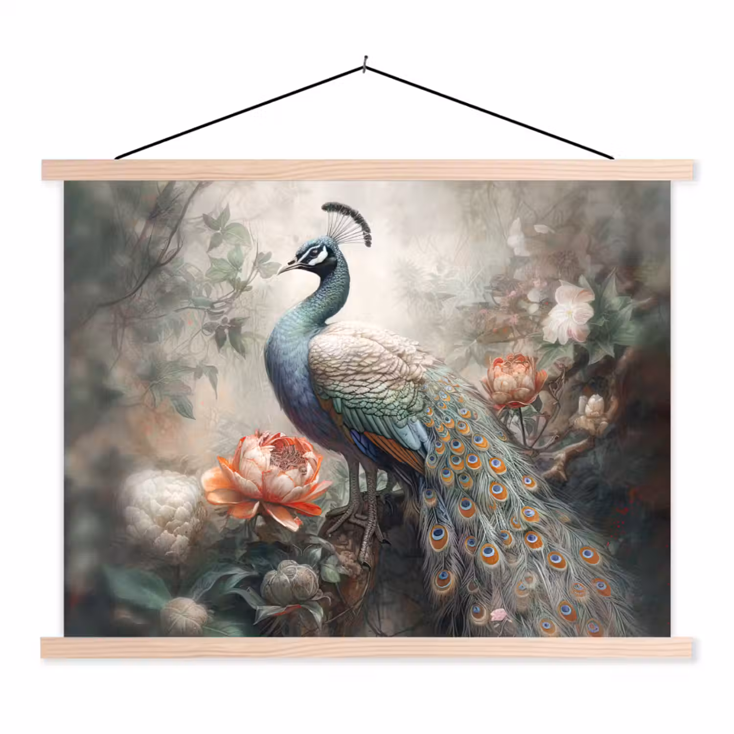 Pauw - Pauwenveren - Vogel - Jungle - Bloemen textielposter latten blank klein -3d