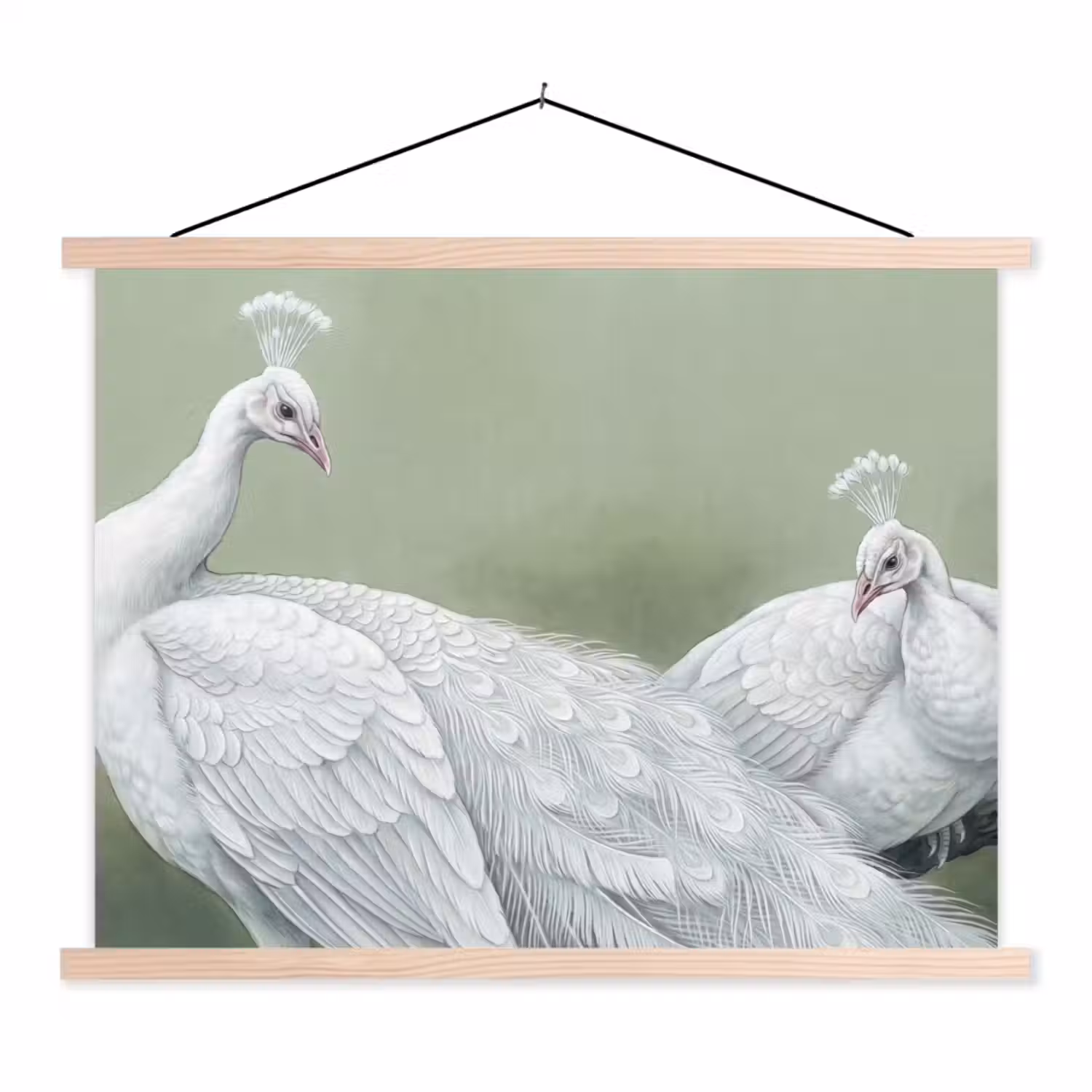 Pauwen - Wit - Natuur - Groen textielposter latten blank klein -3d