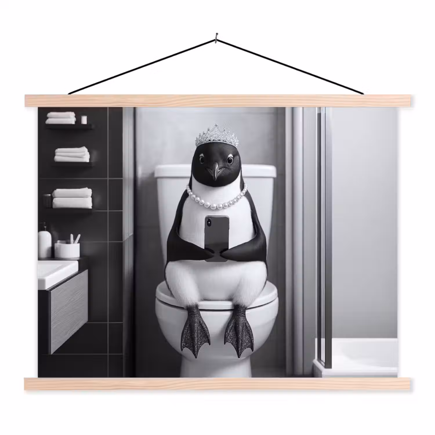 Pinguïn - Telefoon - Toilet - Zwart - Wit textielposter latten blank klein -3d