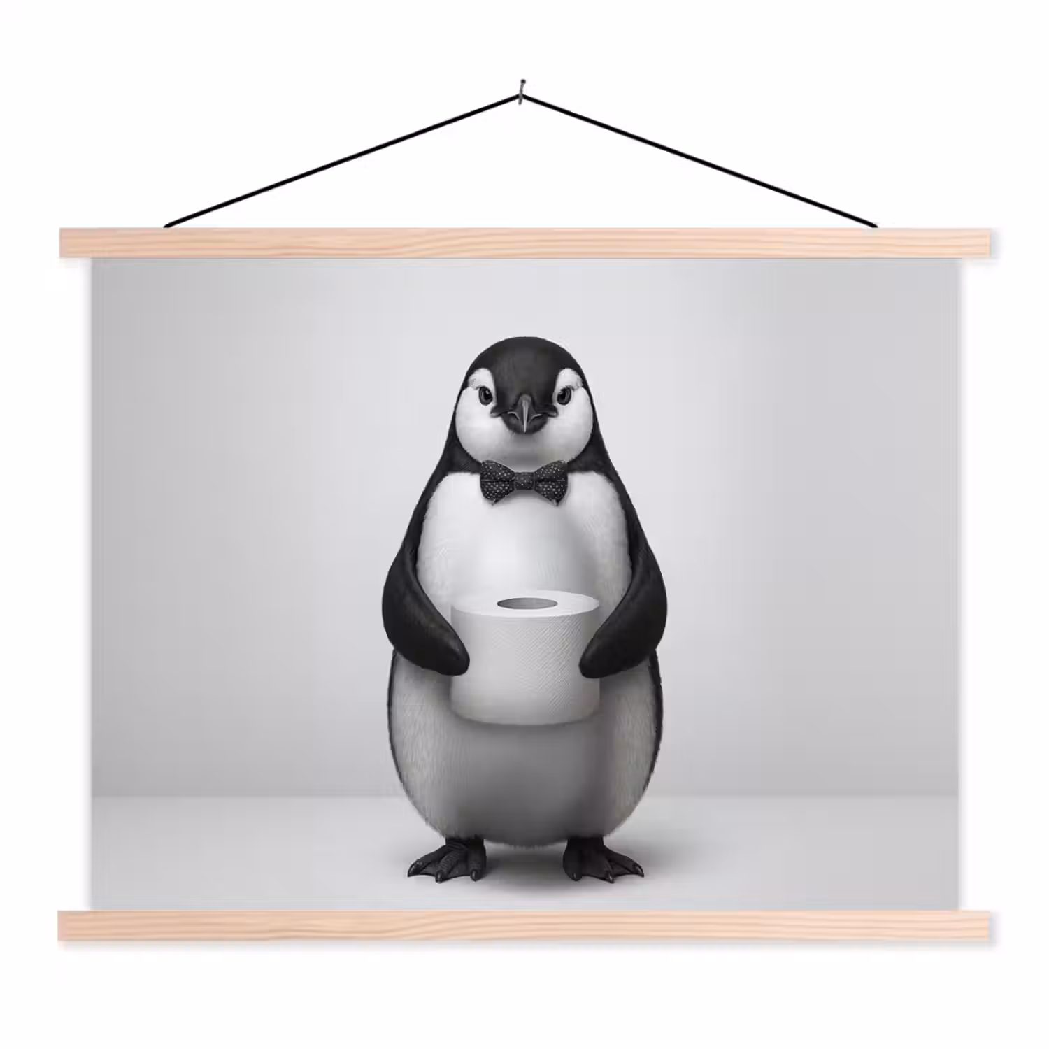 Pinguïn - WC rol - Wit textielposter latten blank klein -3d