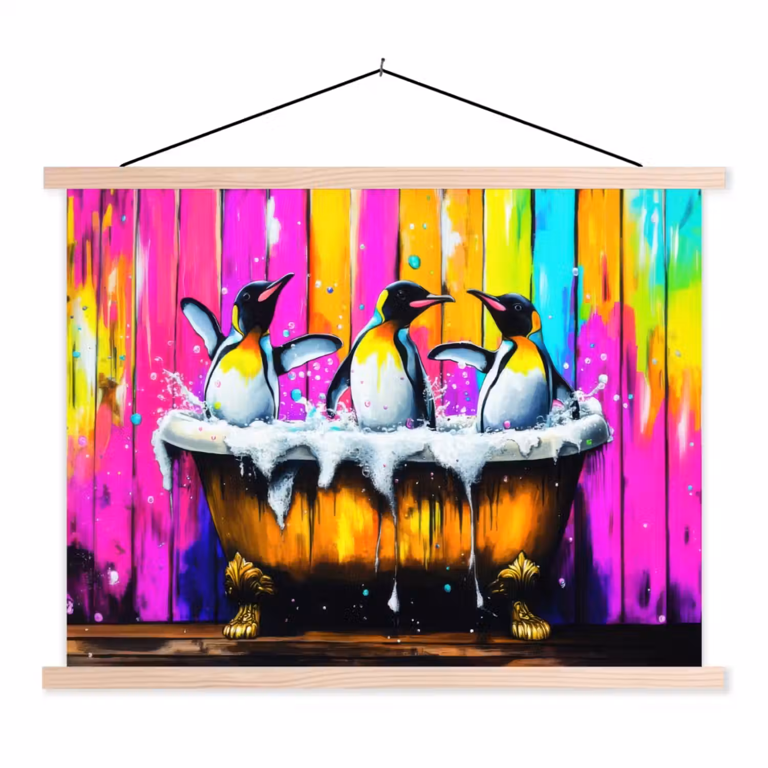 Pinguïns - Badkuip - Kleurrijk - Schuim textielposter latten blank klein -3d