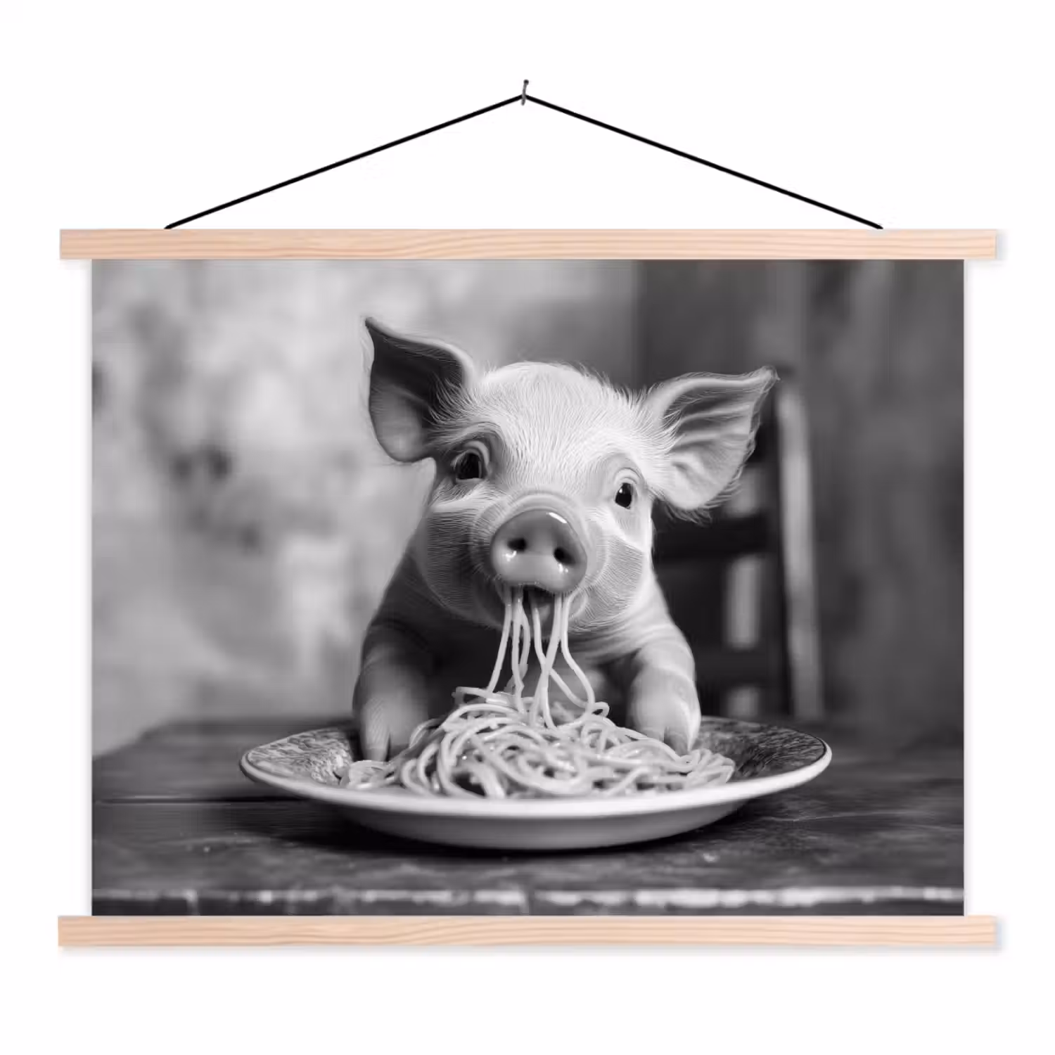 Varken - Schattig - Spaghetti - Zwart wit - Dier textielposter latten blank klein -3d