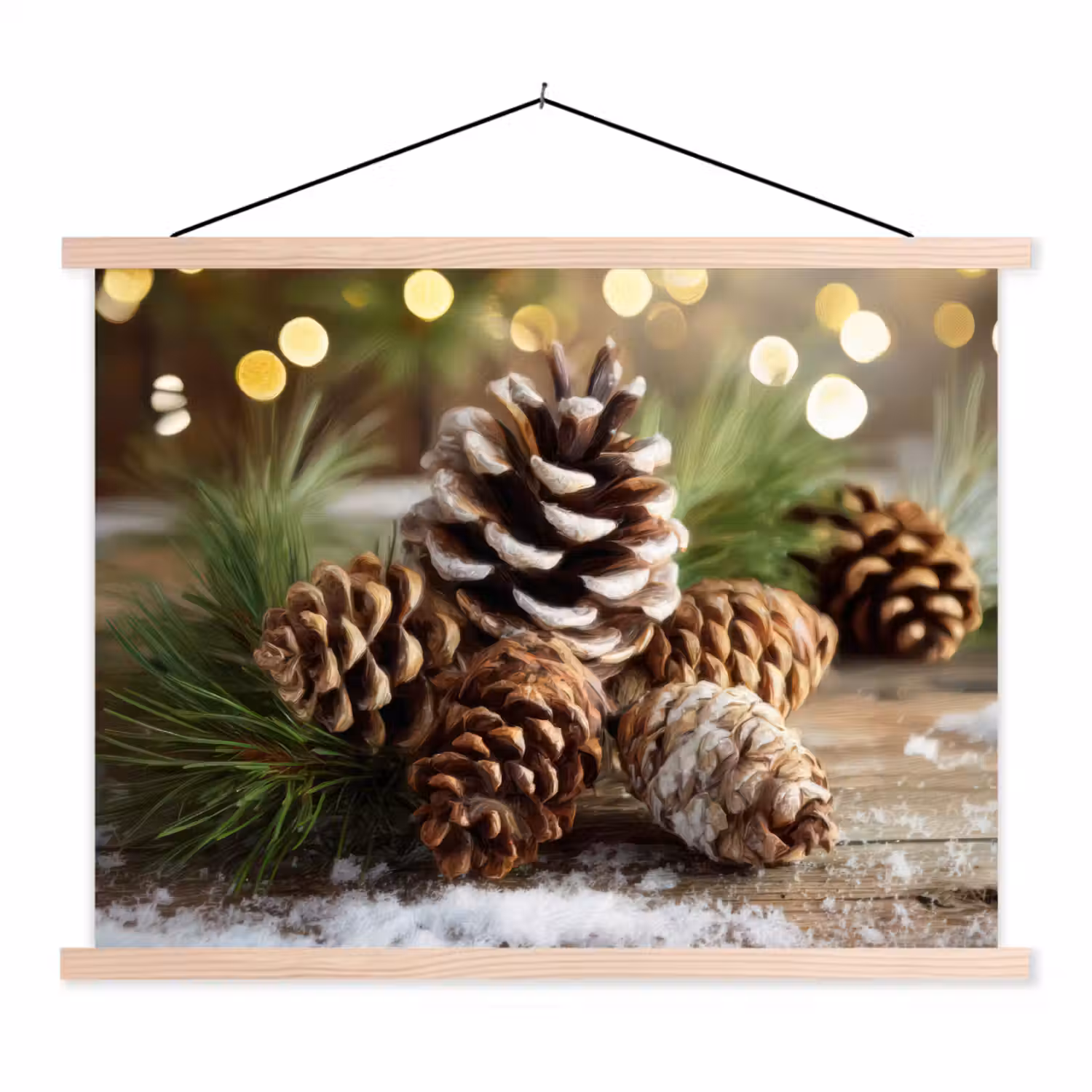 Dennenappels - Kerstsfeer - Bruin - Groen textielposter latten blank klein -3d
