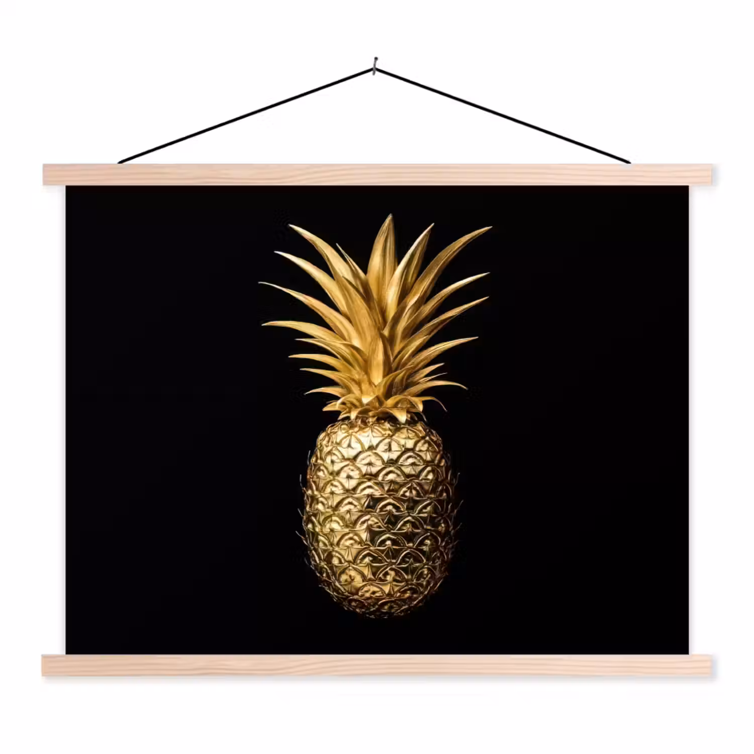 Ananas - Zwart - Goud - Luxe textielposter latten blank klein -3d