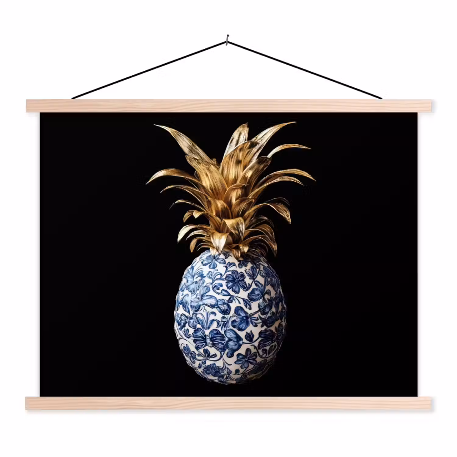 Ananas - Bloemen patroon - Goud - Delftsblauw textielposter latten blank klein -3d
