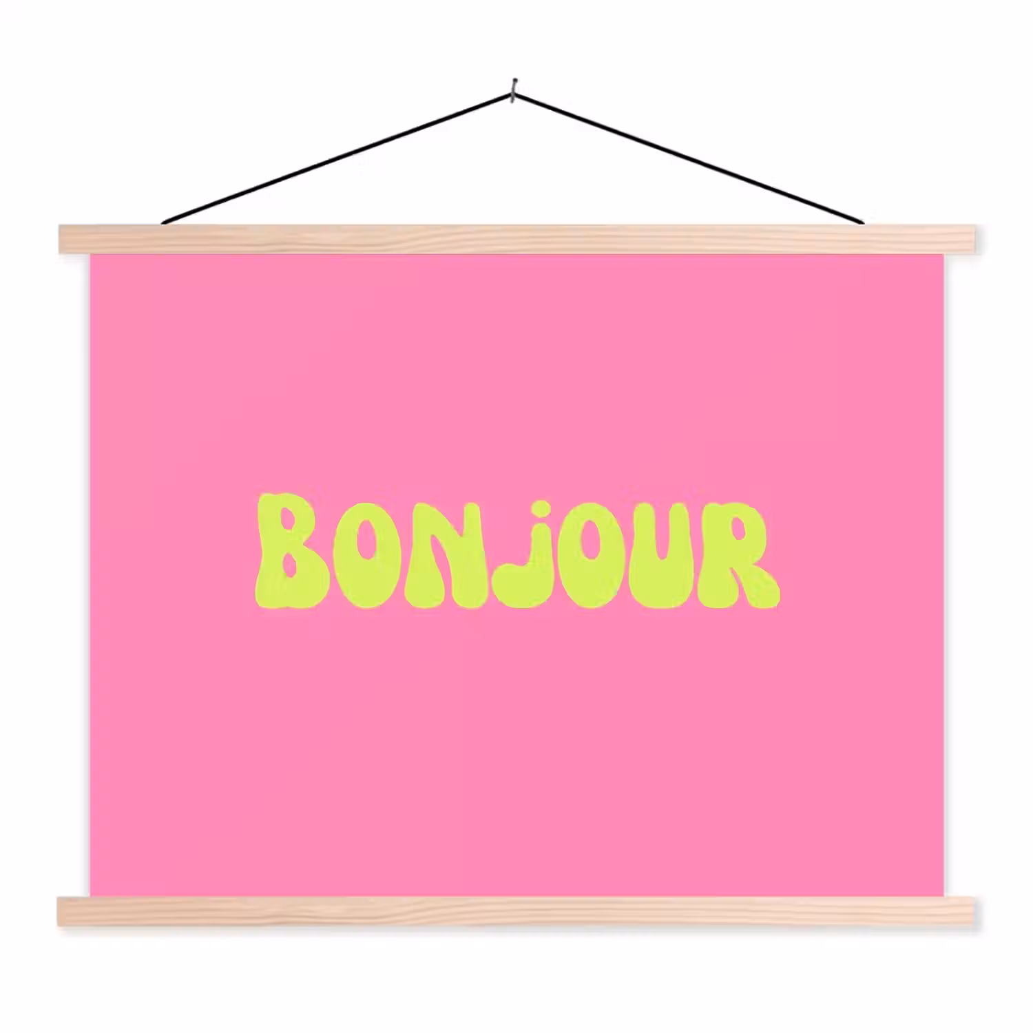 Roze - Groene bonjour - Organisch textielposter latten blank klein -3d