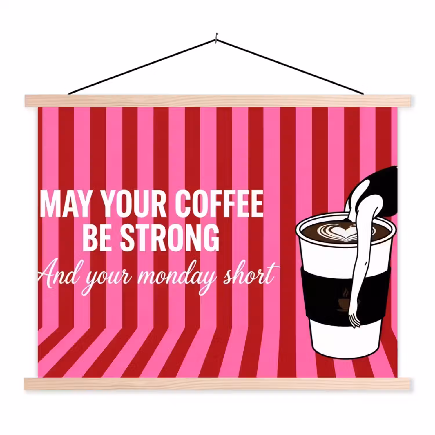 Roze - Strepen - Koffie - Maandag textielposter latten blank klein -3d