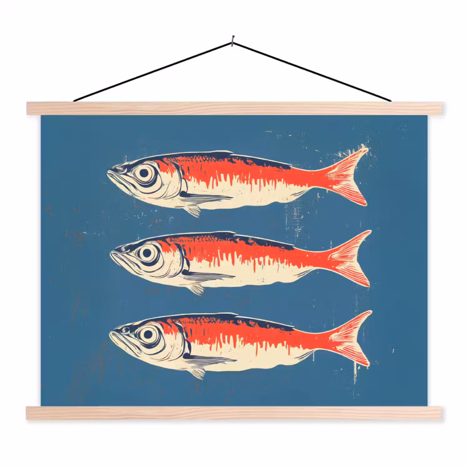 Vissen - Rood - Blauw textielposter latten blank klein -3d