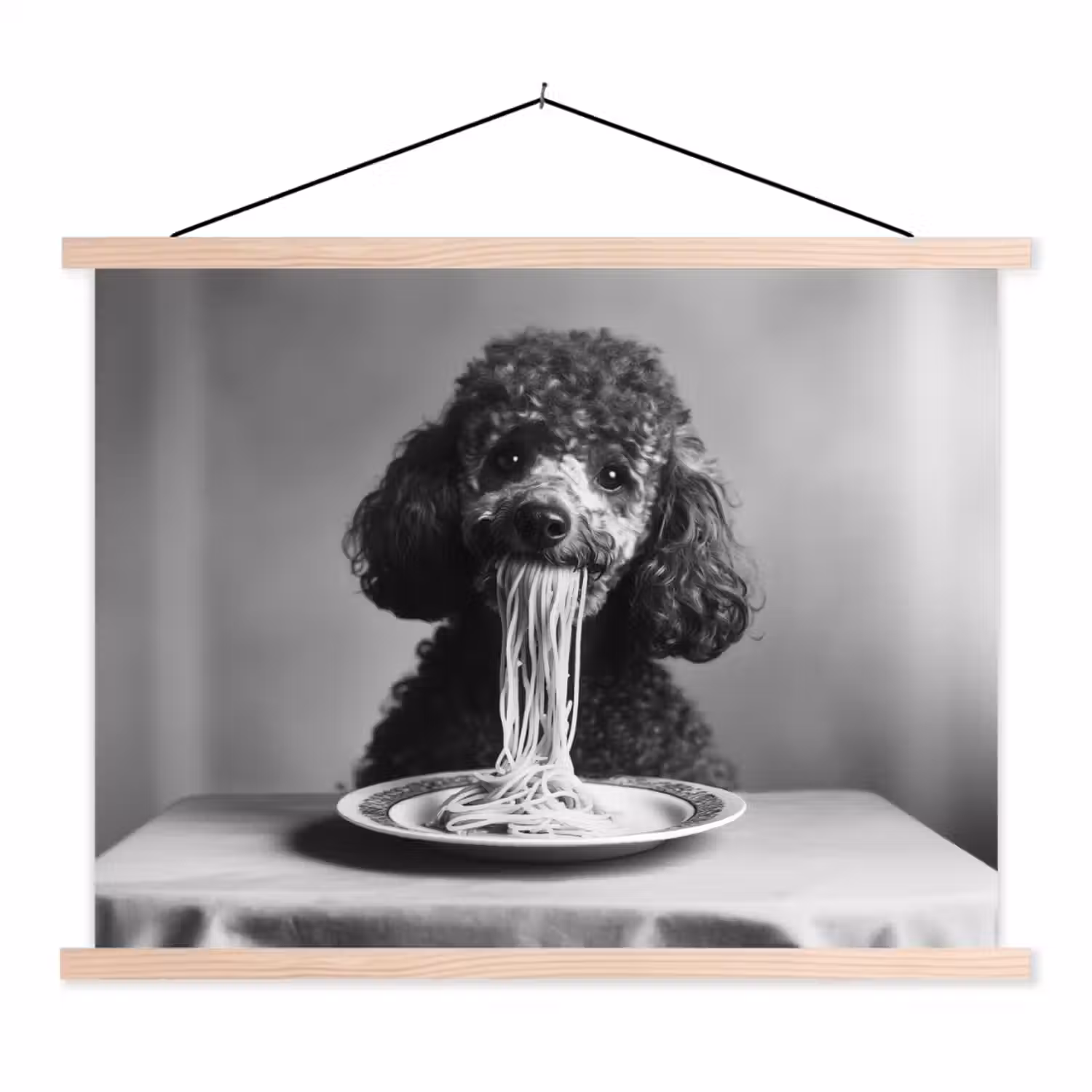 Poedel - Hond - Zwart - Wit - Schattig - Pasta textielposter latten blank klein -3d