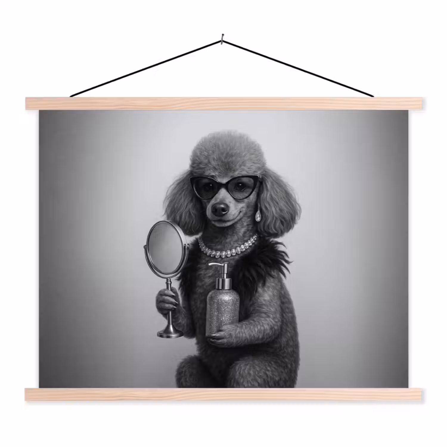 Poedel - Spiegel - Zwart - Wit textielposter latten blank klein -3d