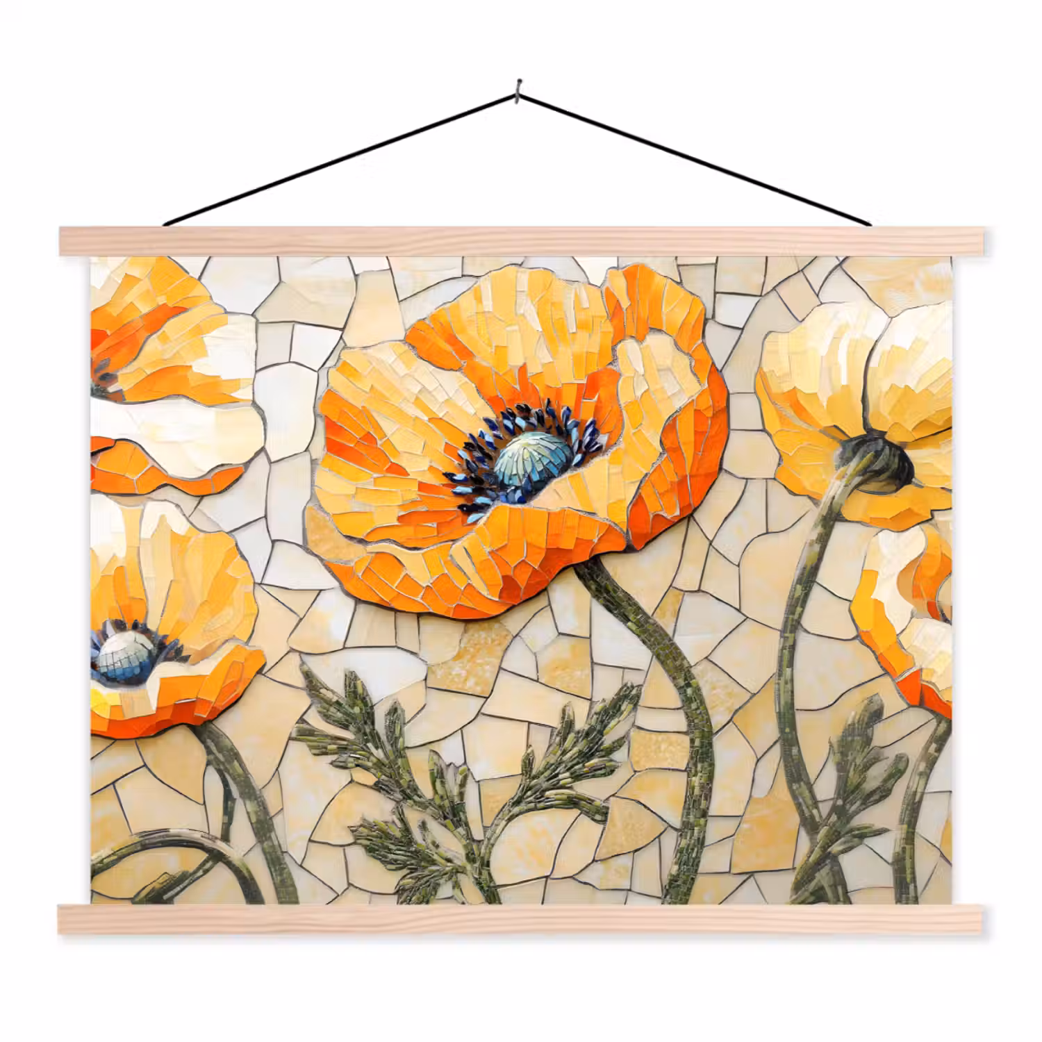 Klaprozen - Oranje - Mozaïek - Bladeren textielposter latten blank klein -3d