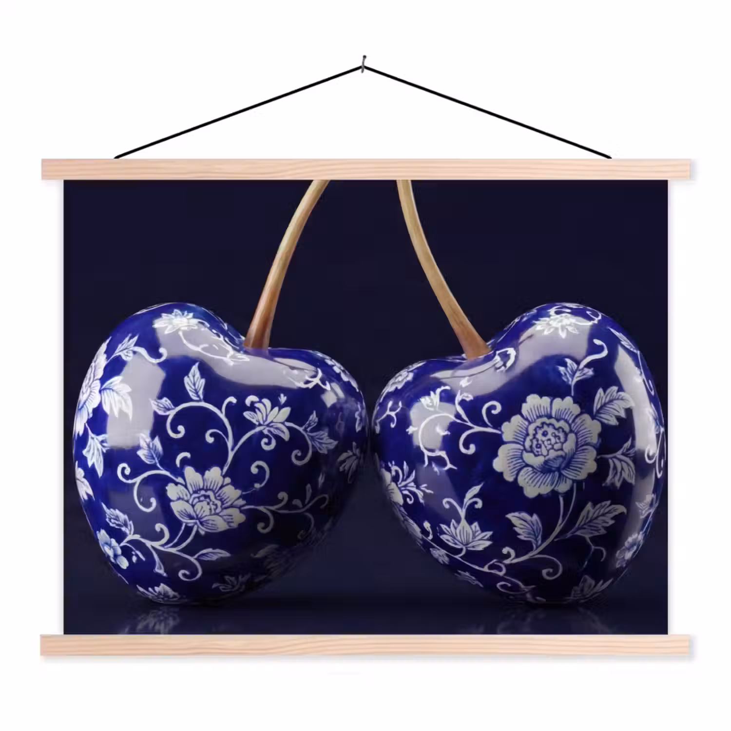 Porselein- Kersen - Delfts - Blauw textielposter latten blank klein -3d