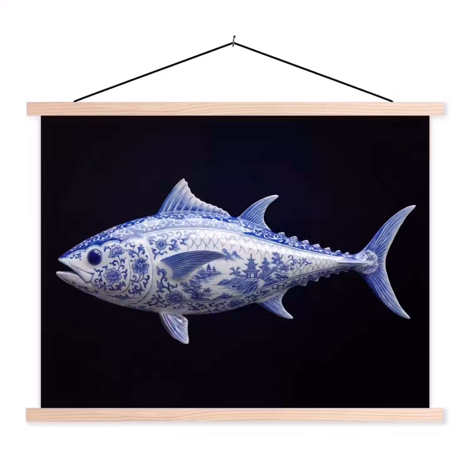 Porselein - Tonijn - Delfts - Blauw textielposter latten blank klein -3d