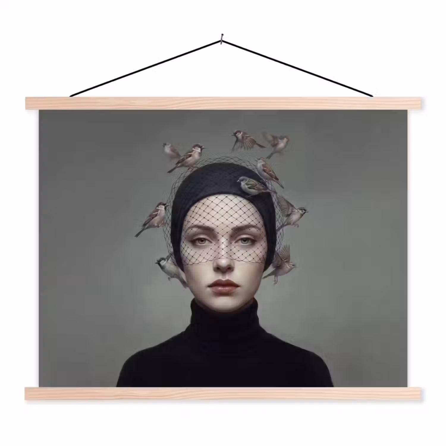 Portret - Vogels - Zwart textielposter latten blank klein -3d