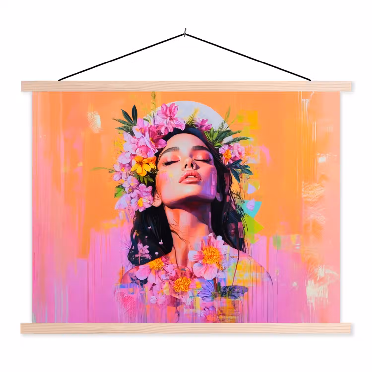 Portret - Bloemenkroon - Vrouw textielposter latten blank klein -3d