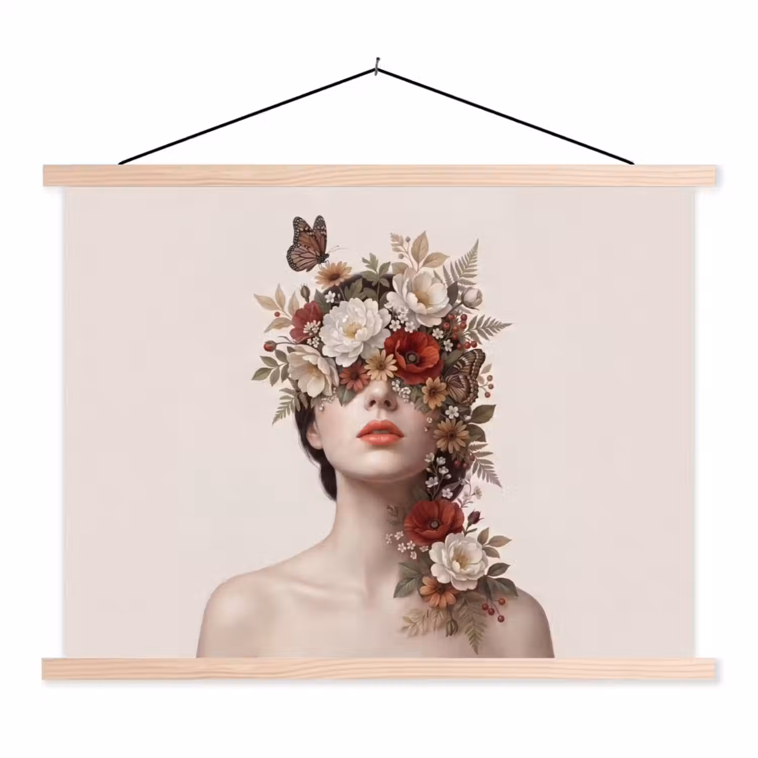 Portret - Bloemen - Cremé textielposter latten blank klein -3d
