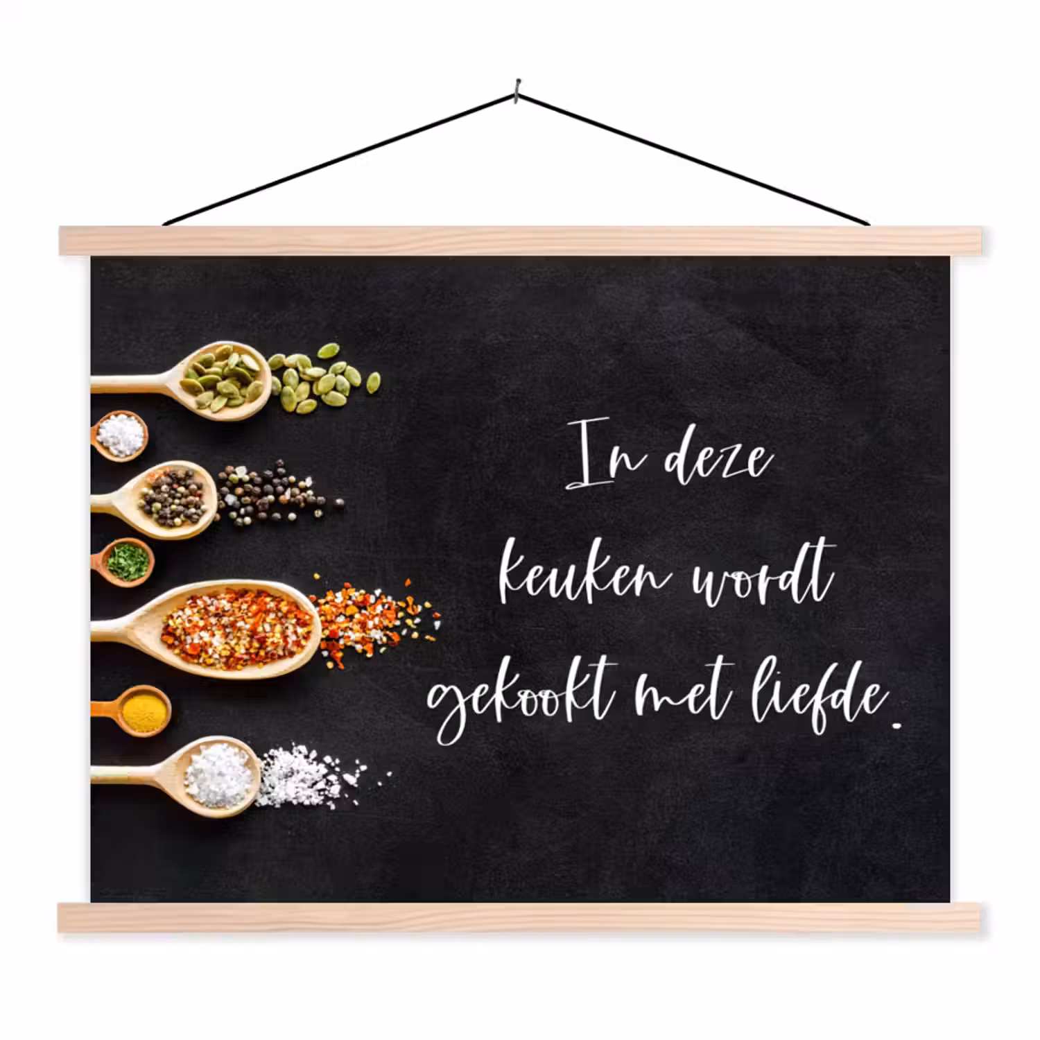 Quotes - Keuken - Spreuken - In deze keuken wordt gekookt met liefde - Liefde textielposter latten blank klein -3d