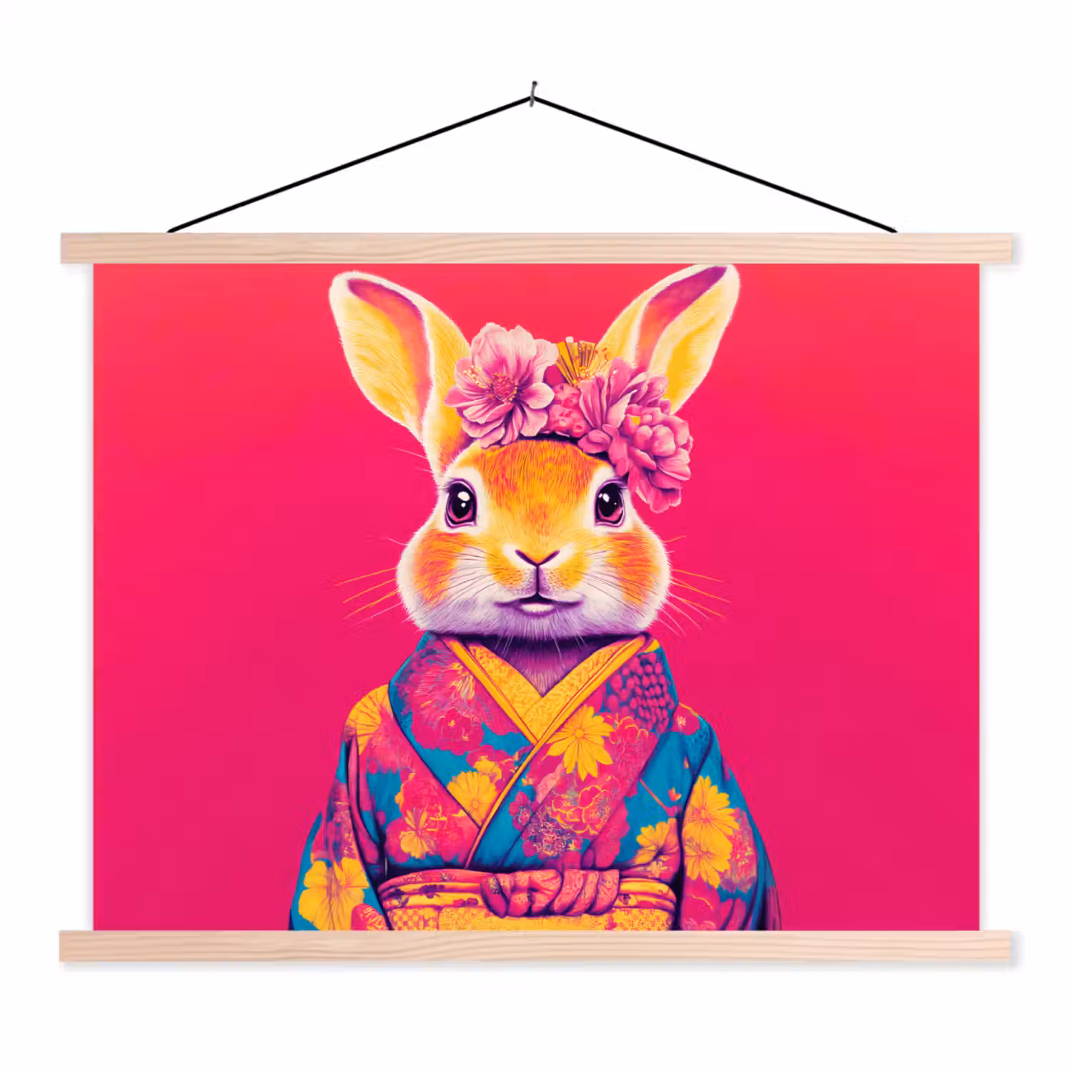 Konijn - Bloemen - Kleurrijk - Kimono textielposter latten blank klein -3d