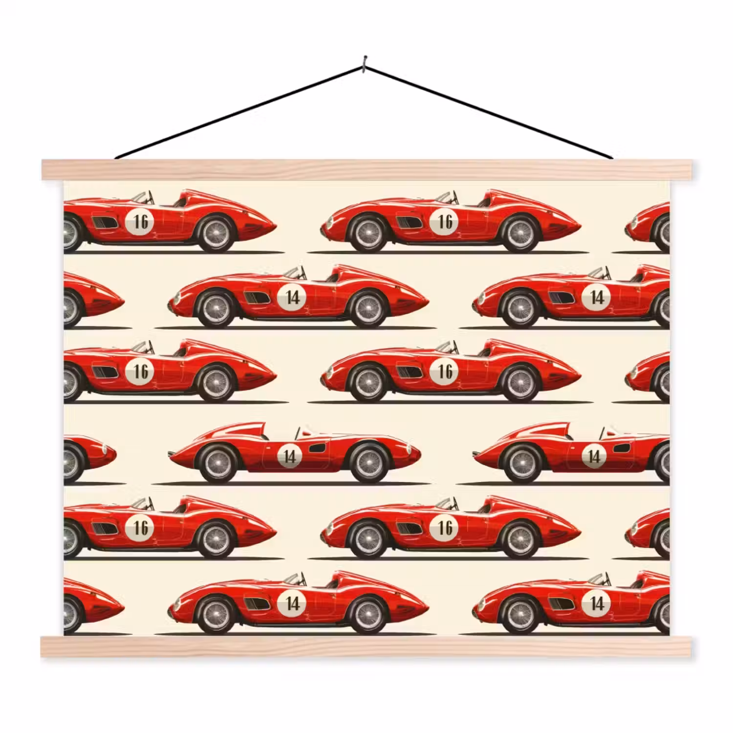 Raceauto - Retro - Rood textielposter latten blank klein 122 -3d