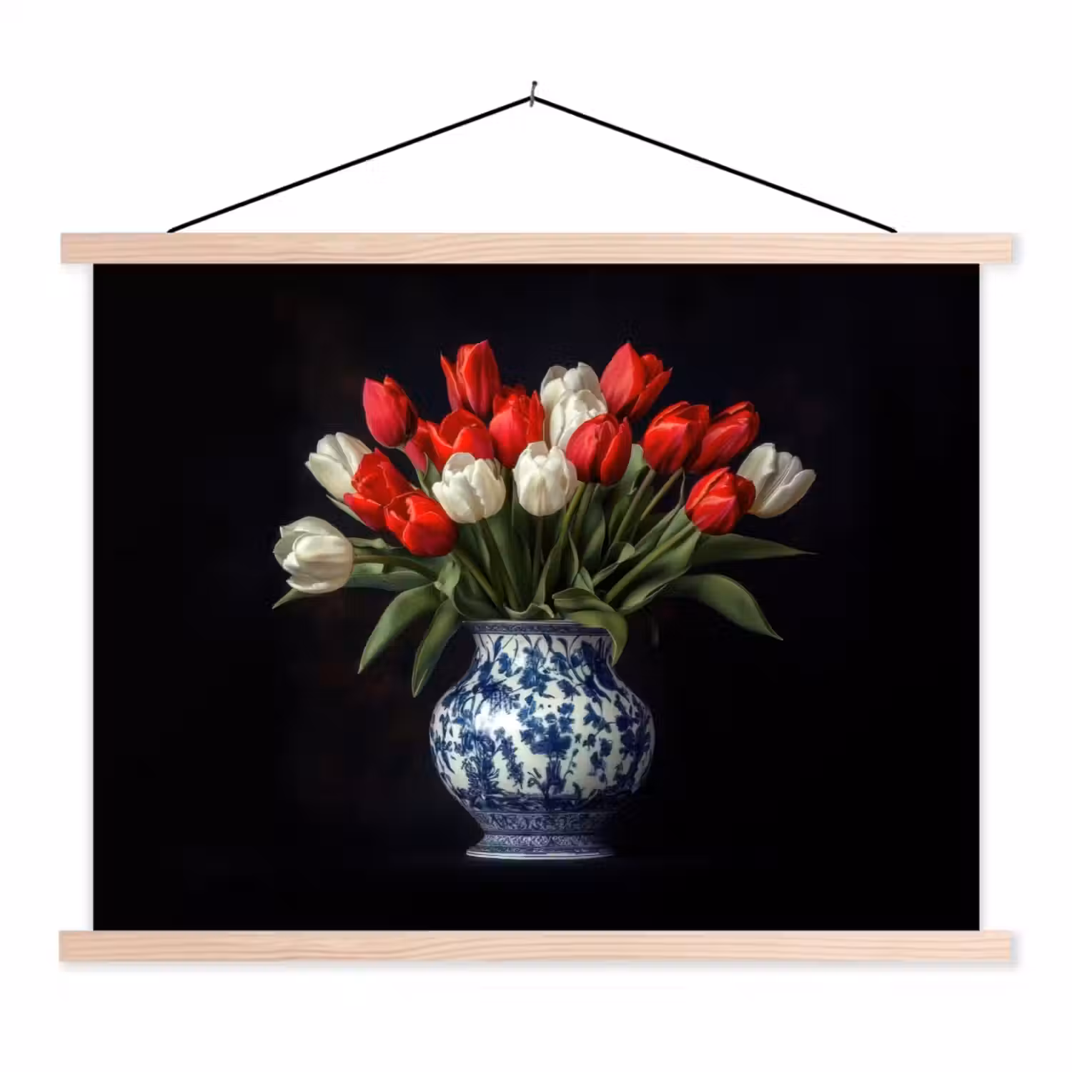 Rode - Bloemen - Tulpen - Vaas textielposter latten blank klein -3d