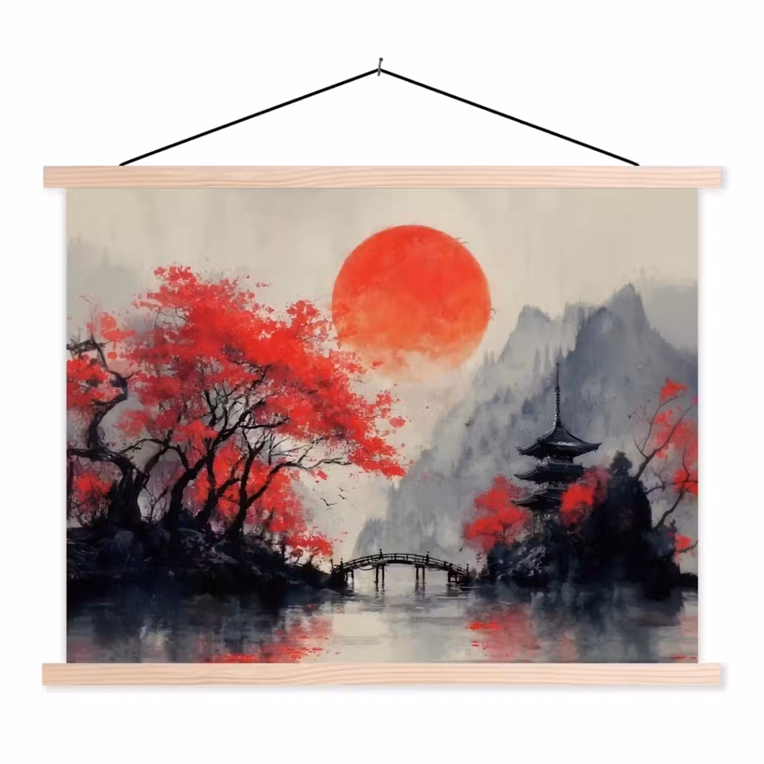 Rode zon - Rivier - brug - Bomen textielposter latten blank klein -3d