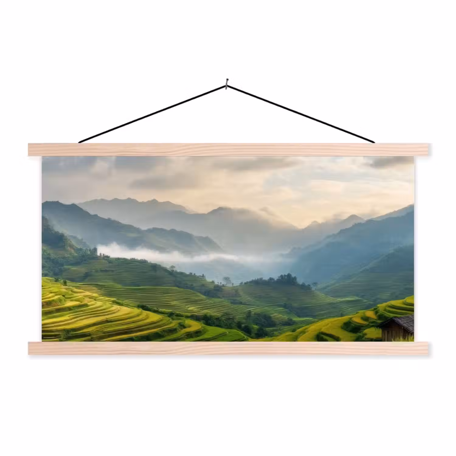 Rijstvelden - Bergen - Groen - Natuur textielposter latten blank klein -3d