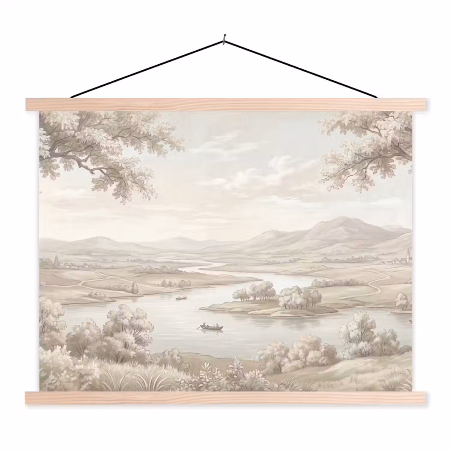Rivierlandschap - Bergen - Natuur - Vintage - Beige textielposter latten blank klein -3d