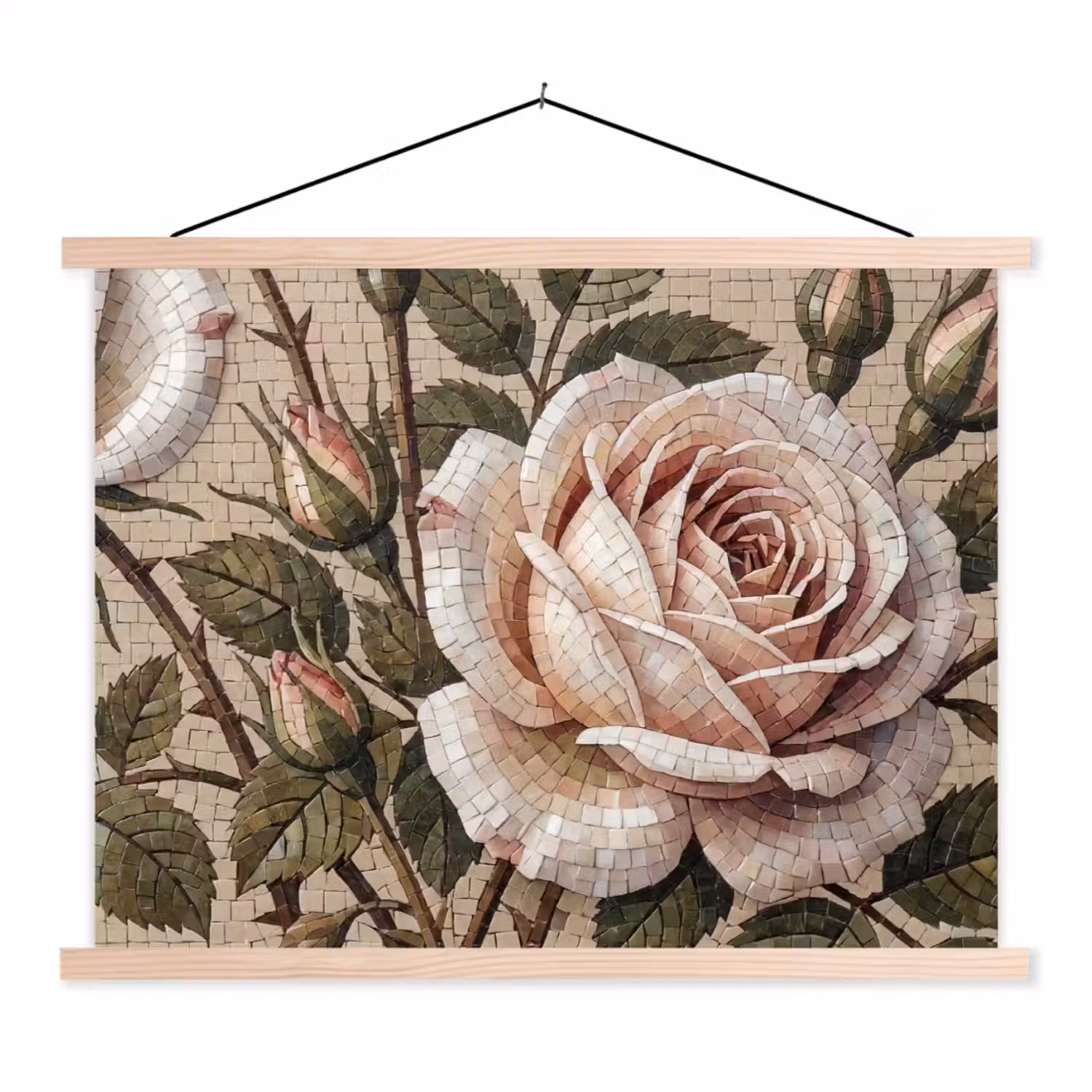 Roos - Mozaïek - Bloemen - Klassiek - Beige textielposter latten blank klein -3d