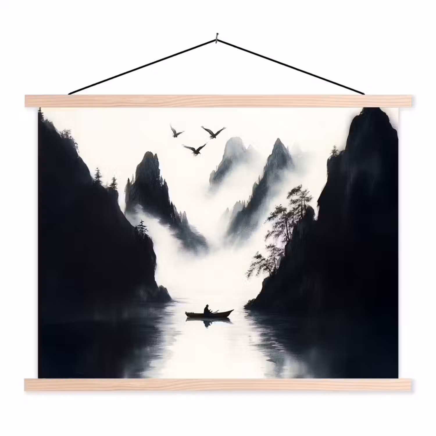 Roeiboot - Mistig - Bergen - Vogels textielposter latten blank klein -3d
