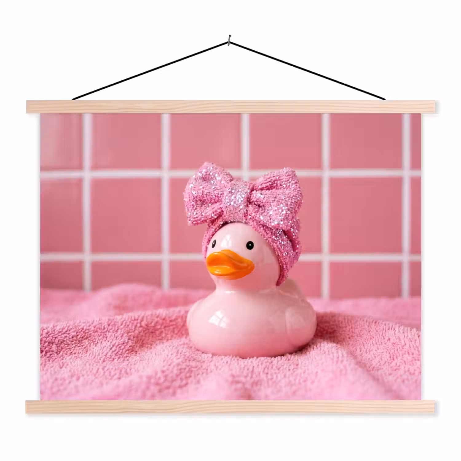 Badeend -Strik - Roze textielposter latten blank klein -3d