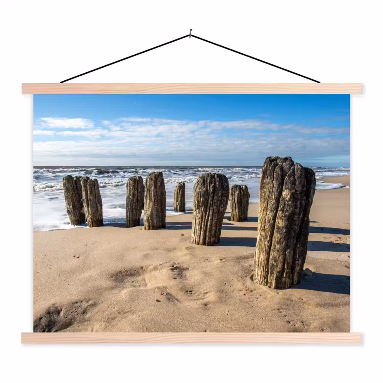 Zand - Strand - Paal - Water - Zomer textielposter latten blank klein -3d