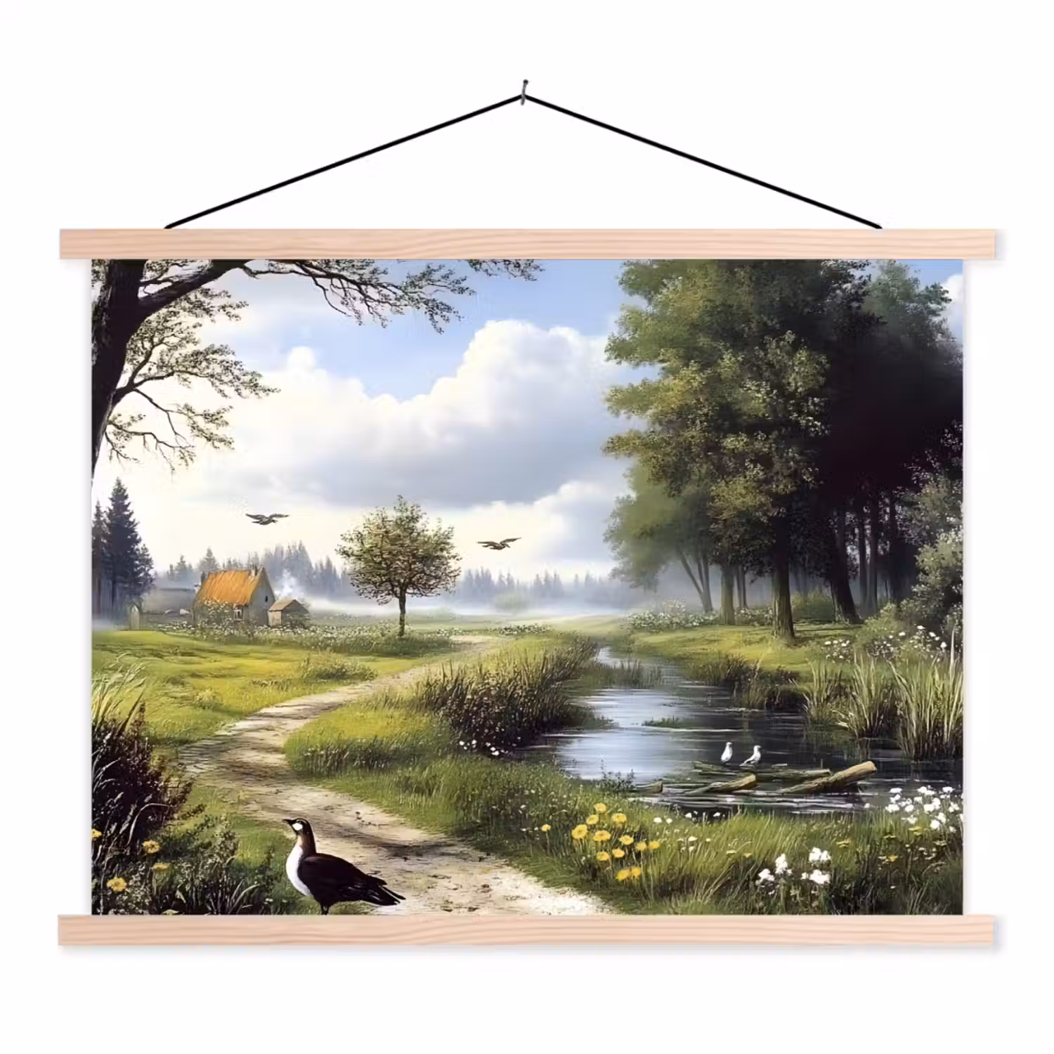 Zandpad - Groen landschap - Water textielposter latten blank klein -3d