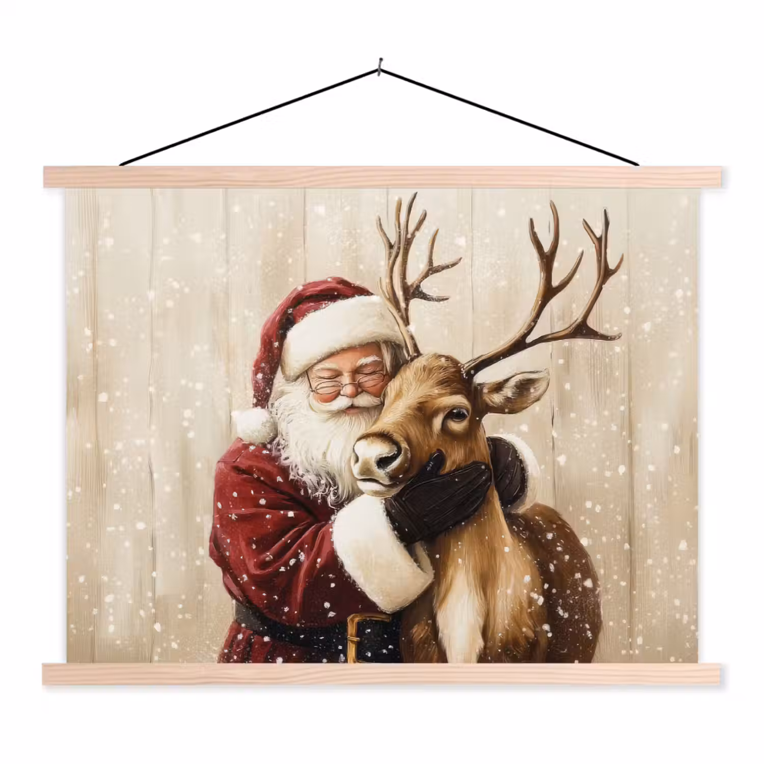 Kerstman - Rendier - Sneeuw - Kleurrijk textielposter latten blank klein -3d