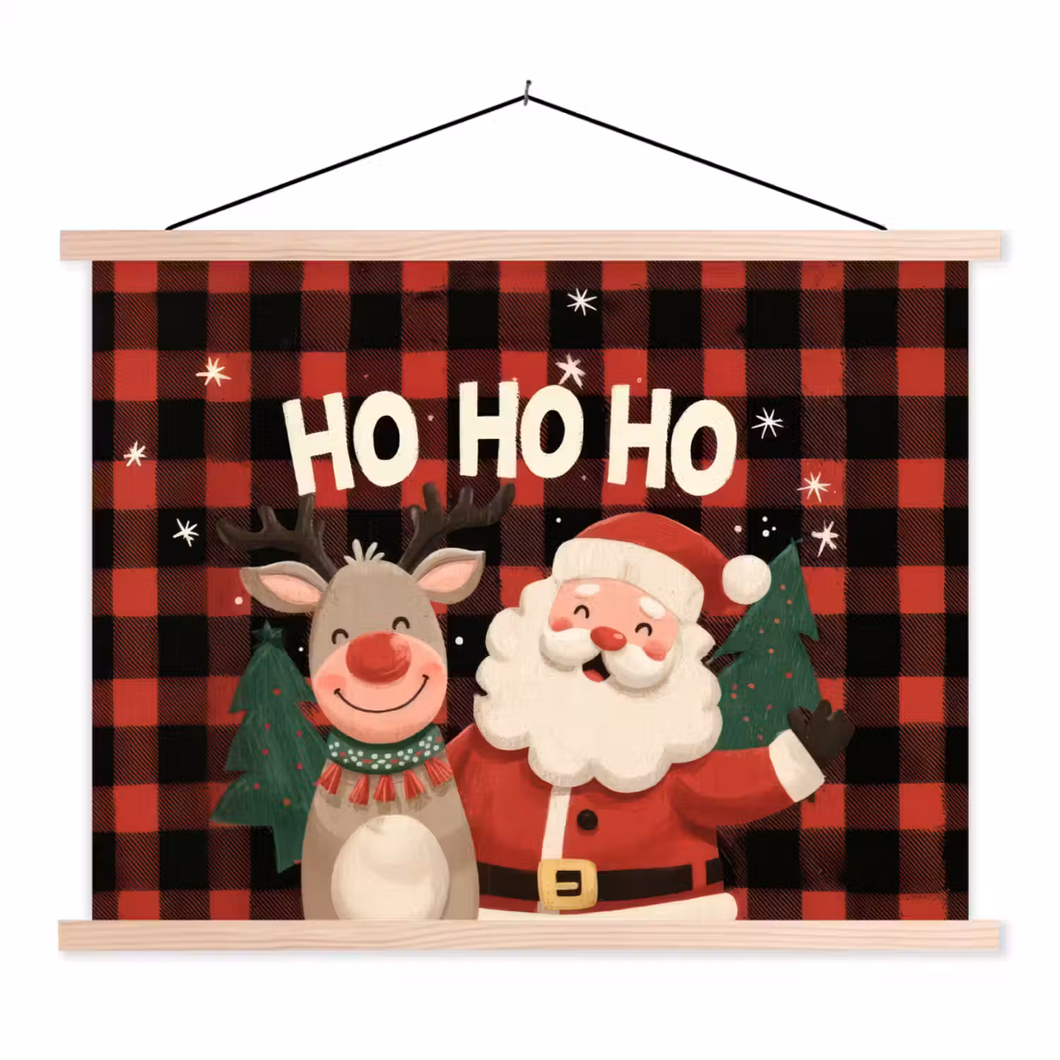Kerstman - Rendier - Tekst - Rood - Zwart textielposter latten blank klein -3d