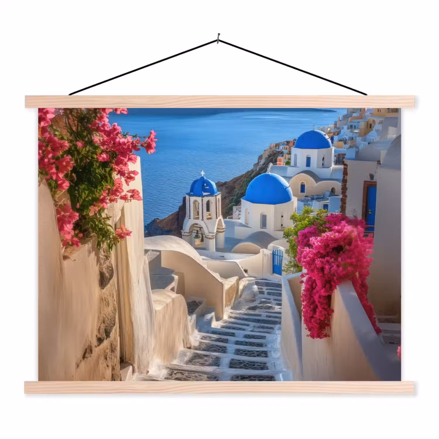 Santorini - Bloemen - Griekenland textielposter latten blank klein -3d