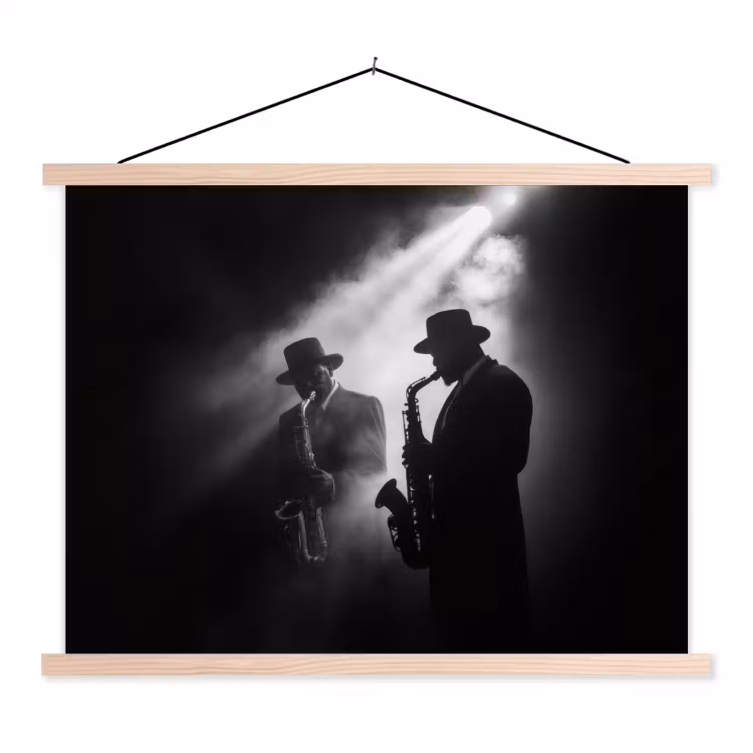 Saxofonisten - Hoeden - Rook - Licht textielposter latten blank klein -3d